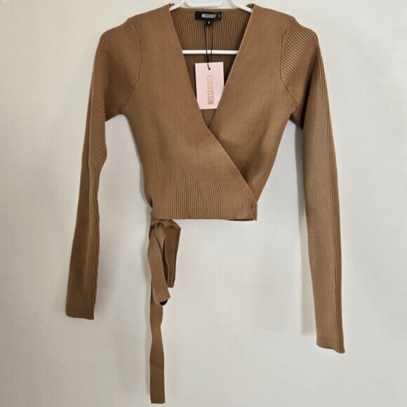 Missguided Brown Ribbed Wrap V neck Top Long Sleeve Size Small b26e - Picture 2 of 6